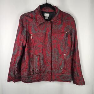 Chicos Size 2 Jacket Womens Red Gray Snap Front Lined Pockets Cotton Lyocell L